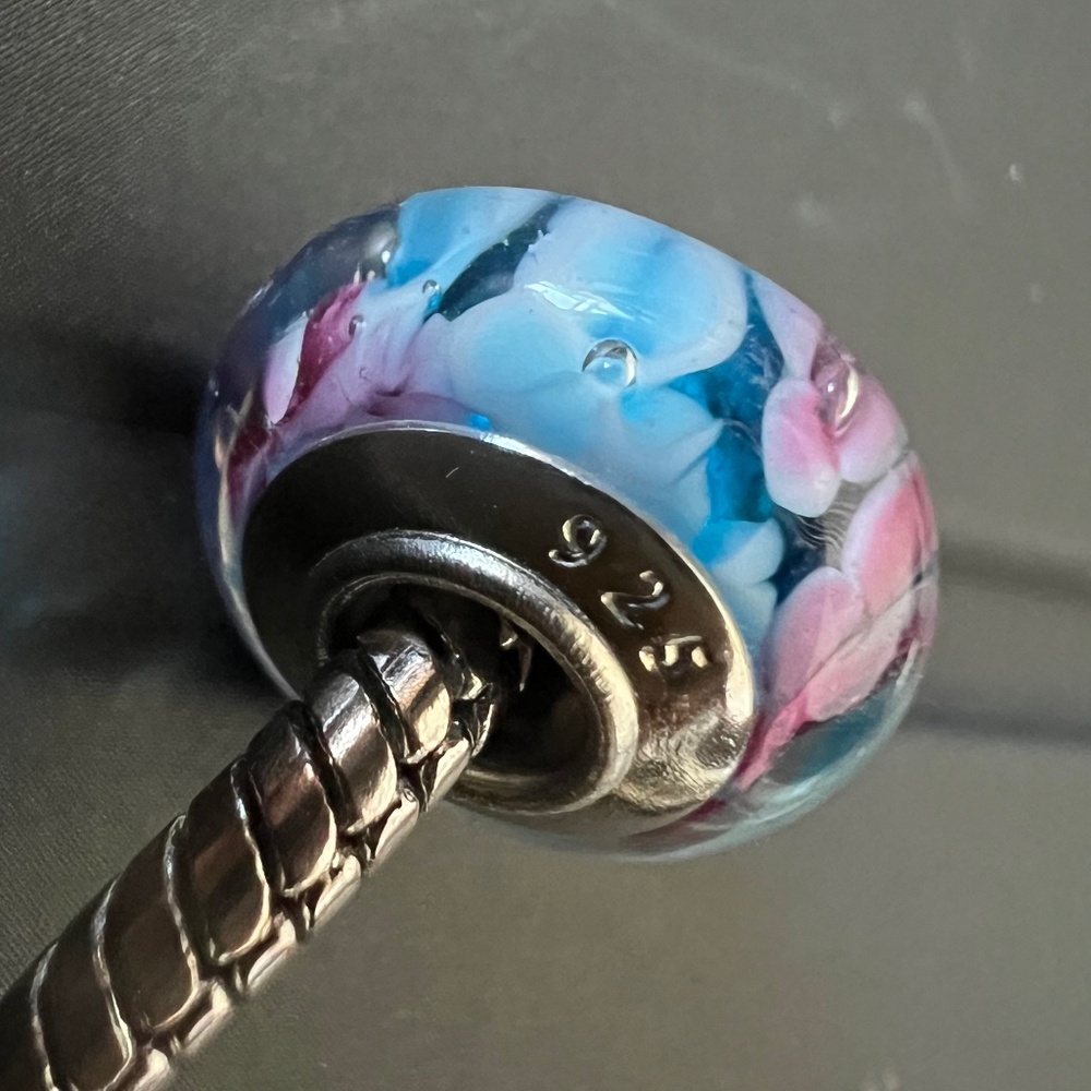 Silver 925 Blue and Pink Murano Glass floral Bracelet Charm